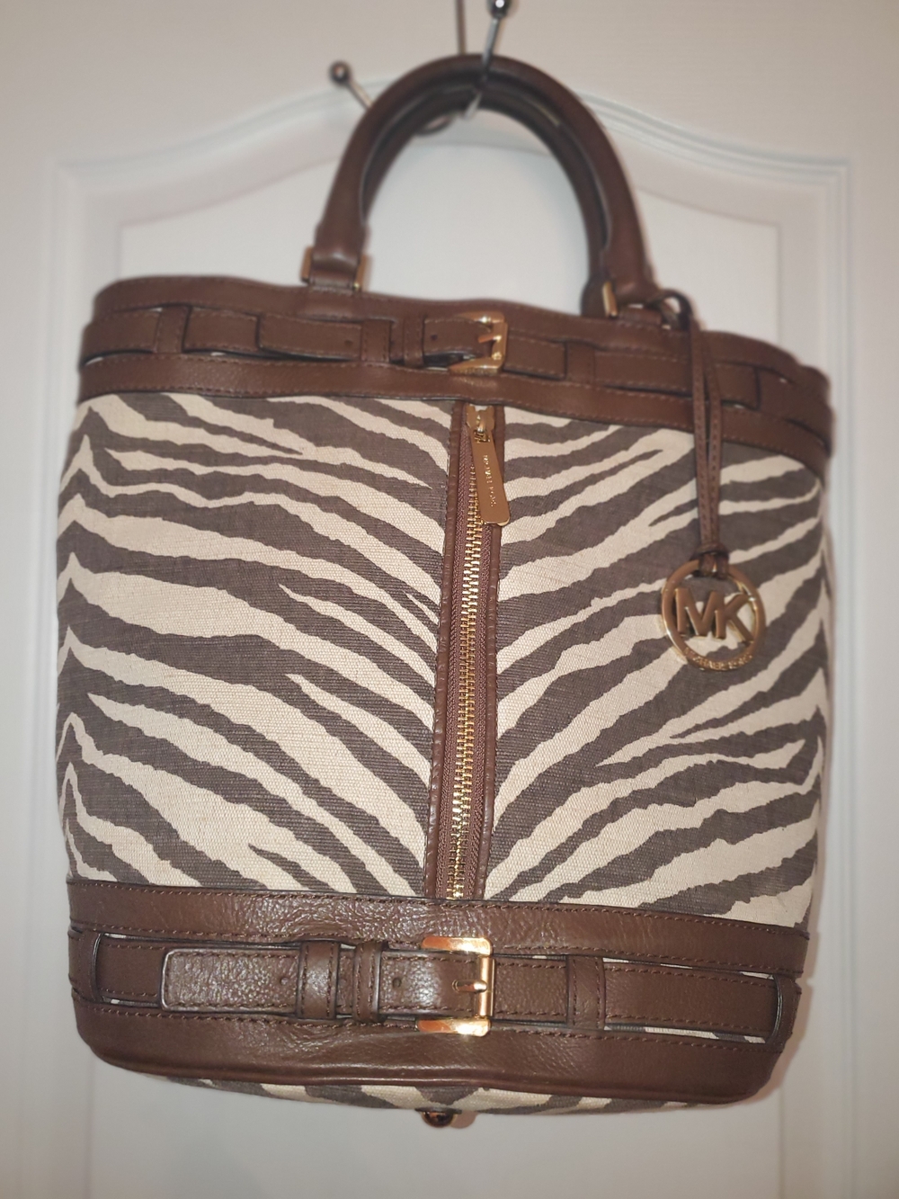 Michael Kors Brown and Cream Zebra-Print Canvas Tote with Leather Trim - Picture 5 of 16